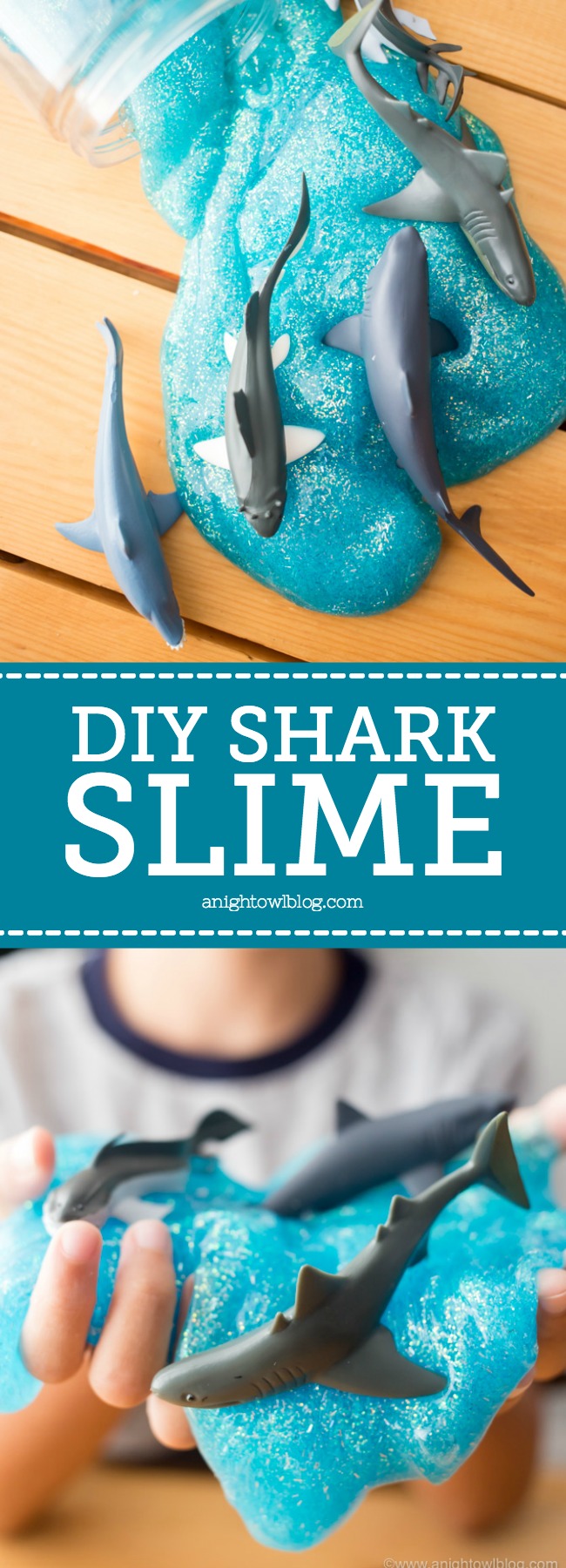 Perfect for summer play, #SharkWeek or any day of the year - whip up this 3-ingredient DIY Shark Slime that is safe and easy enough for your kids to make!