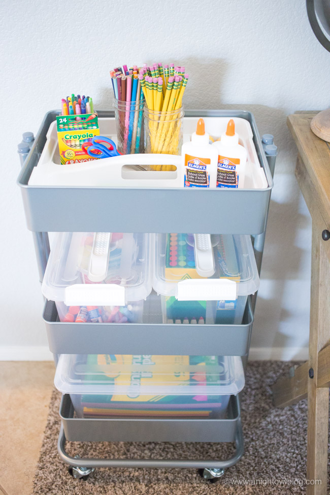 Perfect for Back to School, this year get things organized with a Mobile Homework Station; a handy rolling cart with everything your kid needs to get their homework and school projects done!