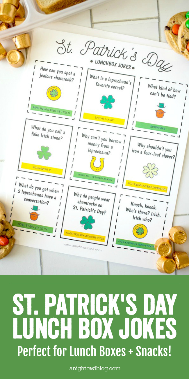Download and print these St. Patrick's Day Lunch Box Jokes, perfect for your kiddos lunch box or snacks around the holiday.